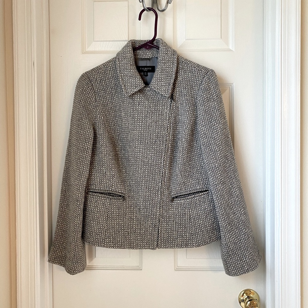 Talbots Gray Julianne Tweed & Flannel Moto Jacket